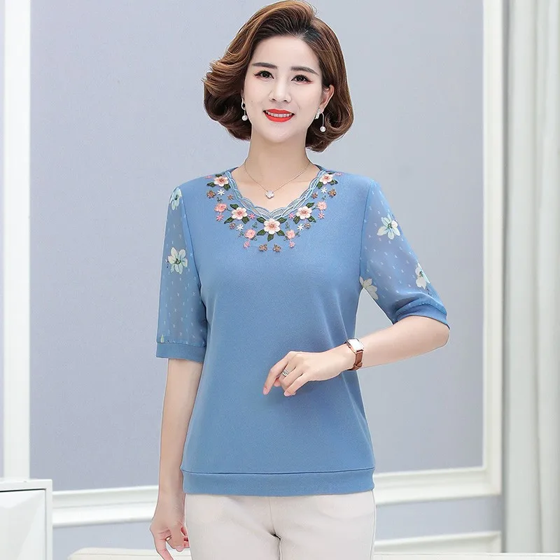 NEW Summer Chiffon Short Sleeve T Shirt Woman Patchwork  knitting T-shirt Woman Shirt Women Shirts