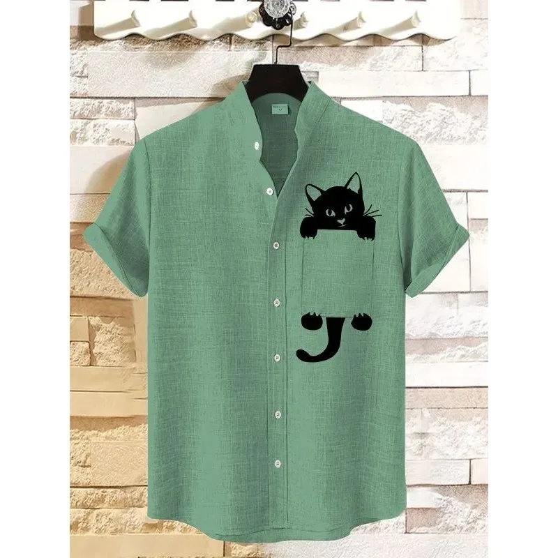 

Men's Black Cat Print Casual Summer Shirt Summer Hawaiian Shirts Harajuku Streetwear Button Up Shirt with Chest Pocket Tops