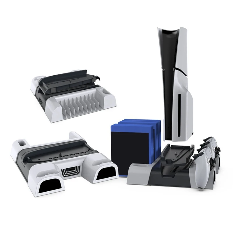 

A04R For PS5 Slim/PS5 Pro Vertical Cooling Stand Handle Double Charging Station with Light with Game Disk Storage Rack