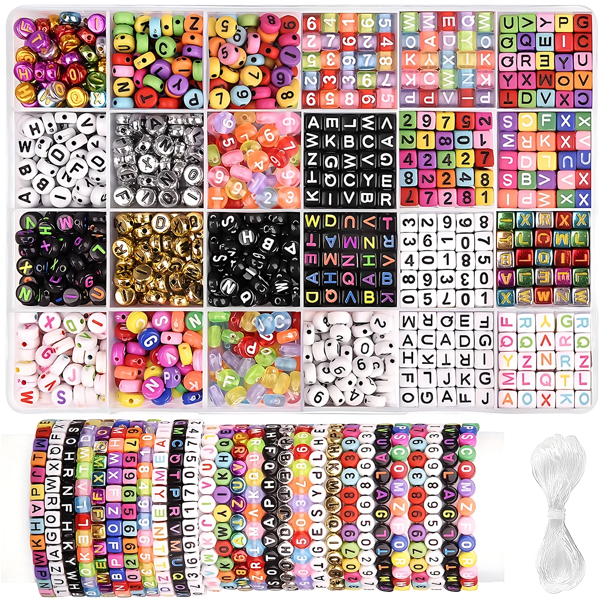 720+pcs Colorful Alphabet Beads Kit Square & round Letters for DIY Jewelry Crafting Includes Crystal Elastic String & Creative