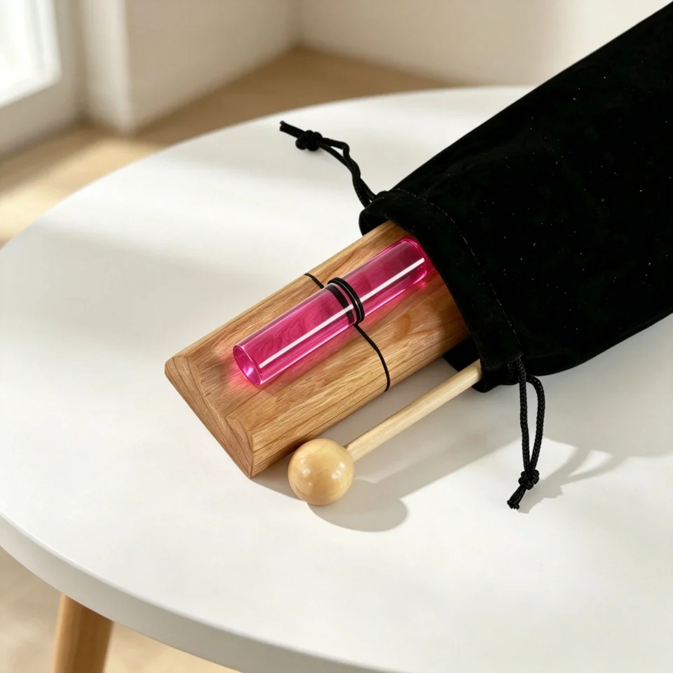 Rose Pink Quartz Resonant Crystal Sound Tube Set with Wood Base Mallet And Velvet Bag for Sound Therapy Chakra Healing