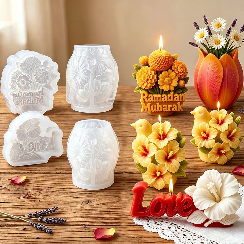 

3D Flower Candle Silicone Mold for Wedding Valentine's Day Hibiscus Daisy Dahlia Tulip Vase Scented Aroma Soap Wax Ornament Mold