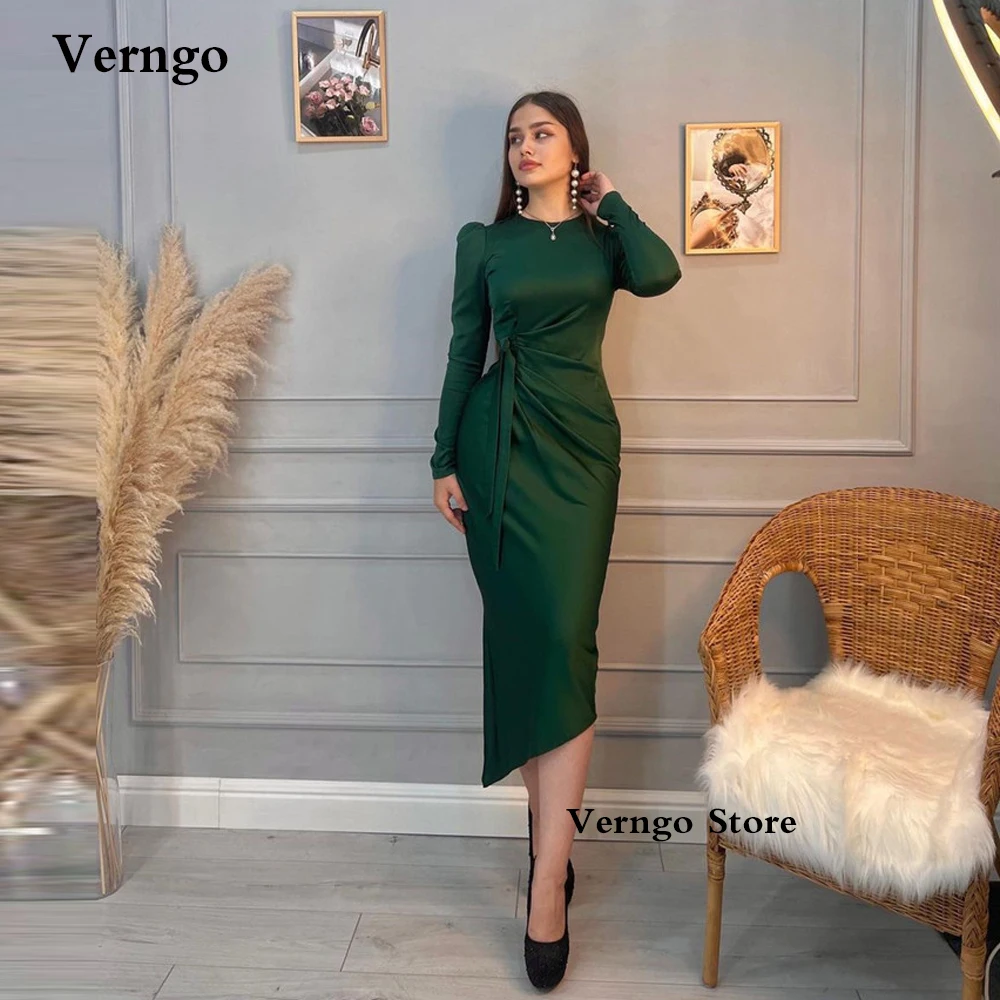 

Verngo Green Satin Women Formal Evening Dresses Jewel Neck Long Sleeves Tea Length Saudi Arabic Women Party Prom Dress Outfit