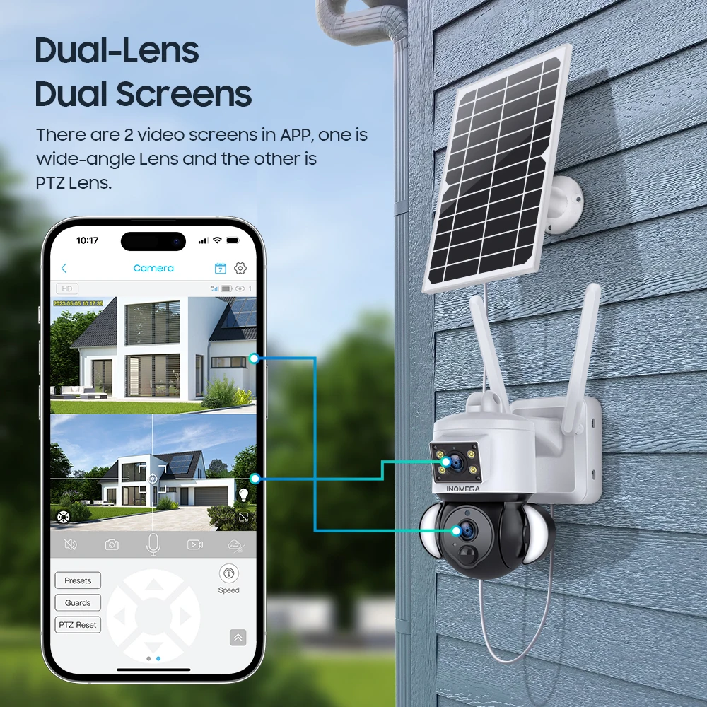 Inqmega 6mp Wifi Zonnecamera 4G Sim Buiten Dubbele Lens Zonnecamera Lichaam Tracking Waterdichte Kleur Nachtzicht Ptz Camera