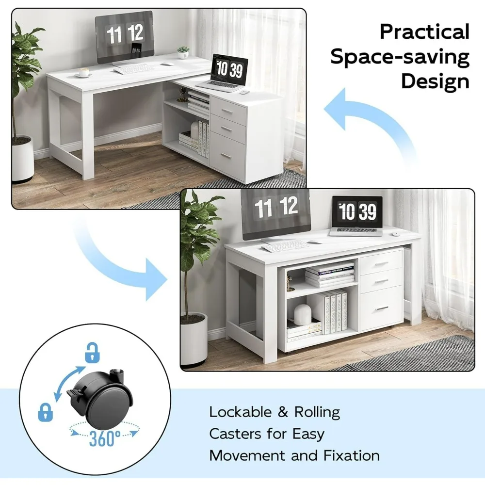 L Shaped Desk, Corner Computer Desk with 3 Drawers and 2 Shelves, Writing Office Table with Storage File Cabinet, Executive Desk