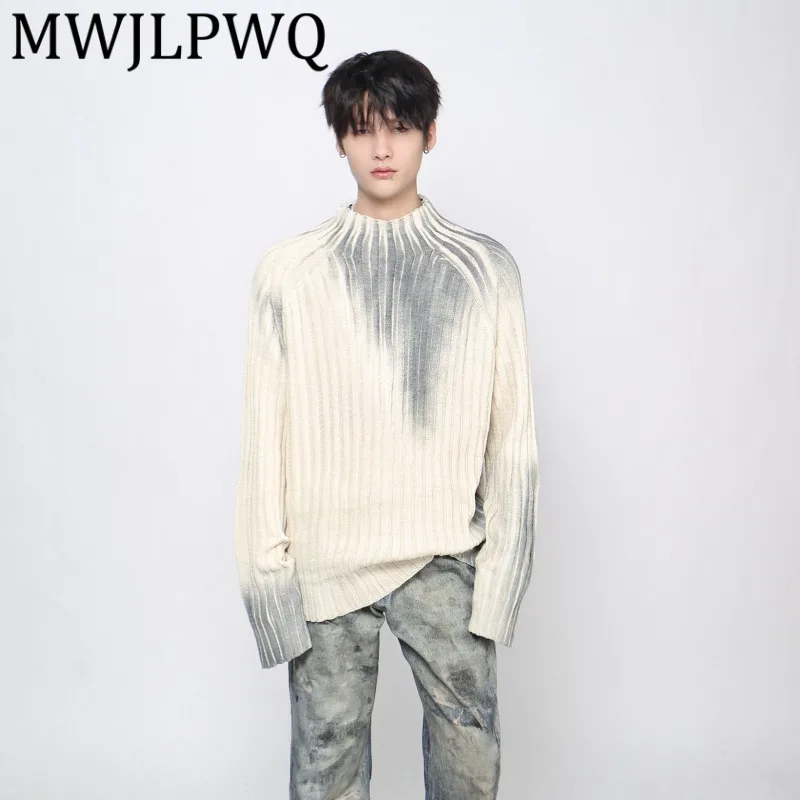 

MWJLPWQ High Street American Style Spray Paint Dirty Dye Sweater Men's Half Turtleneck Autumn Winter Loose Couple Knitwear 21758