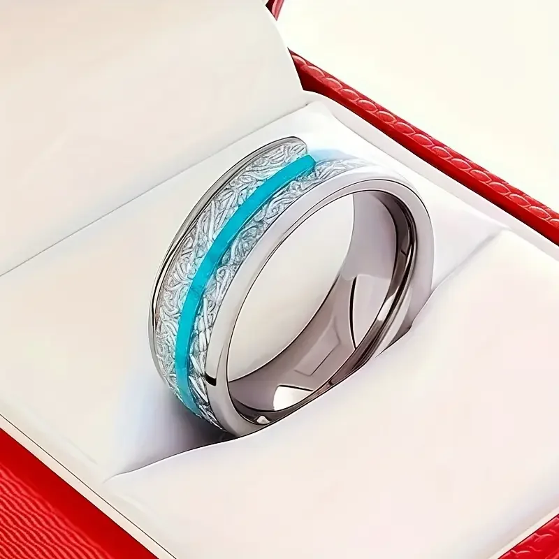 Stylish 1pc Men's Stainless Steel Ring - Synthetic Silvery Silk-Inlaid Blue Turquoise Modern Geometric Design, Durable Minimalis view 3