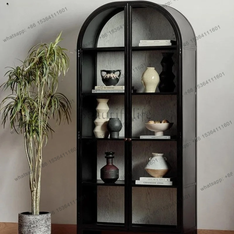 Solid Wood Bookcase Modern Minimalist Entryway Living Room Storage Cabinet Vintage Display Cabinet