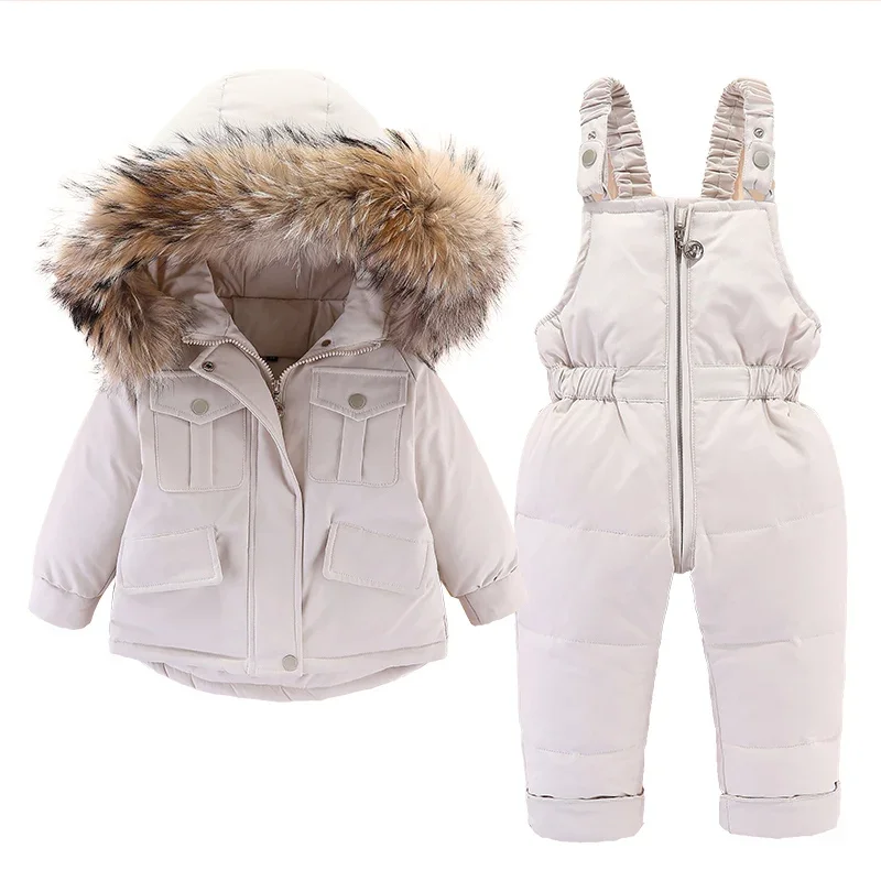 2pcs Set Baby Girl winter down jacket and jumpsuit for children Thicken Warm fur collar jacket for girls Infant snowsuit 0-4Year