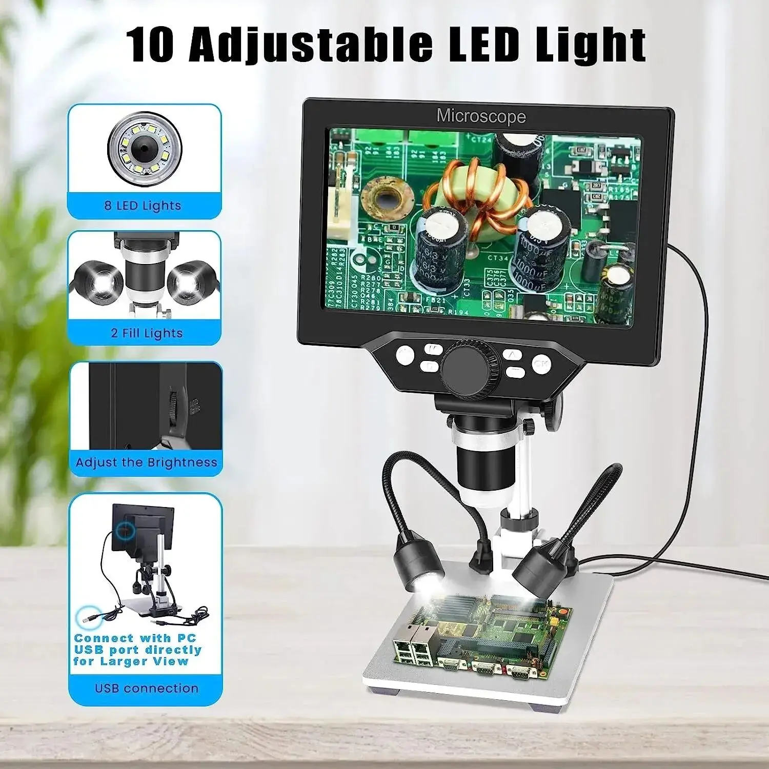 

7-дюймовый HD LCD цифровой микроскоп 1200X, 12 МП, электронный видеомикроскоп с металлической подставкой для пайки, ремонта телефонов, увеличитель для ПК