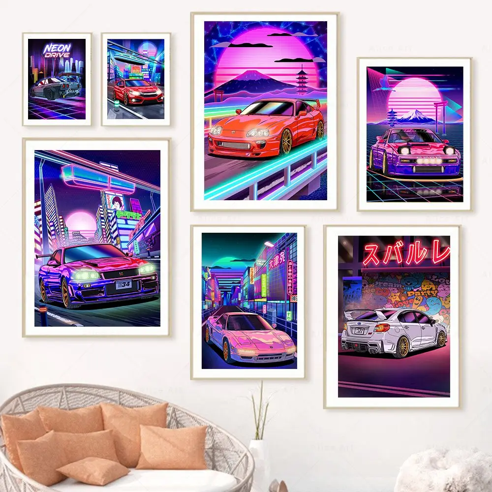 

80S Tokyo Neon Street Racing Nissan GTR Synthwave Poster Vintage Japanese Cars Wall Art Canvas Painting Print Living Room Decor