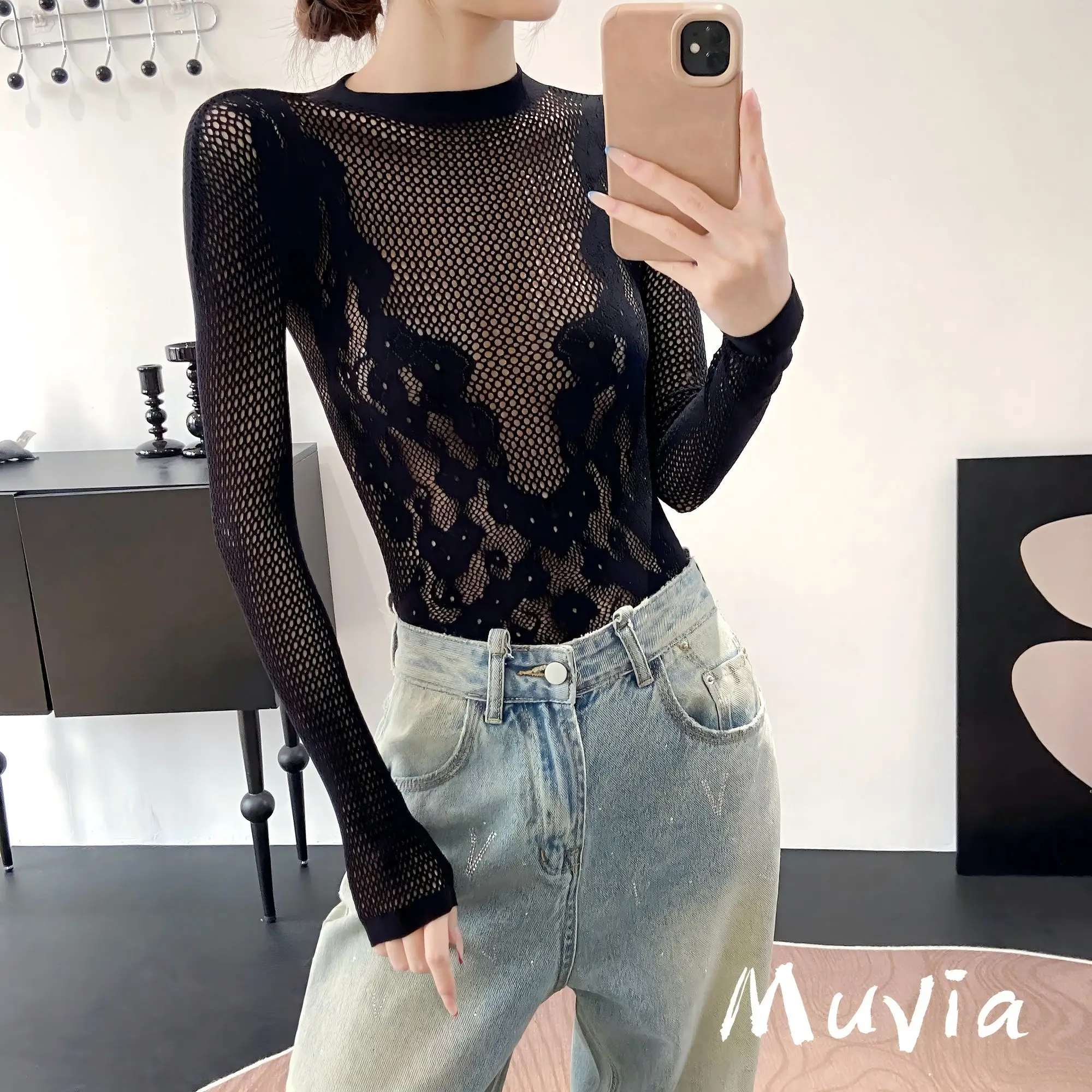 Y2k Streetwear Black Lace Backless Jumpsuit Openwork Detailing Sexy Design Women Long Sleeves One-piece Jumpsuit T Shirt Trend