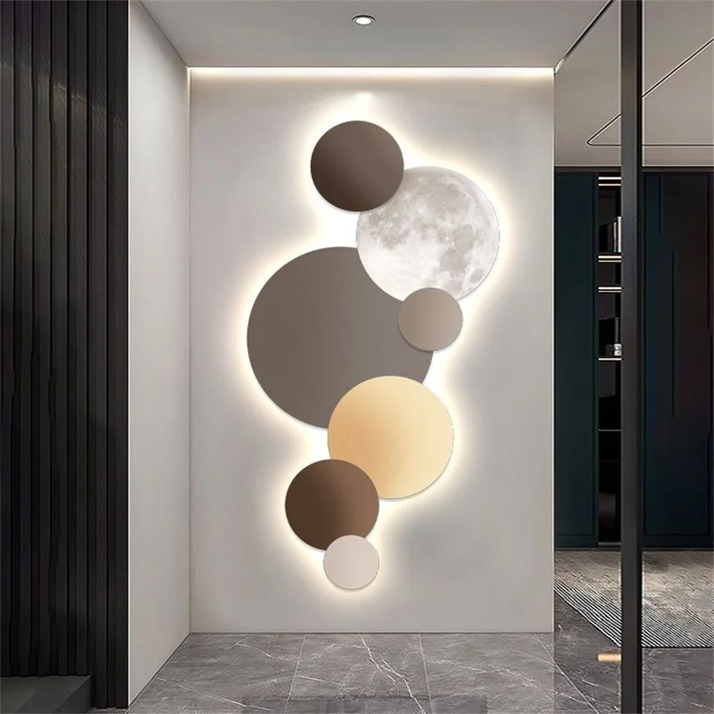 Minimalism modern moon round mural for living room study hallway Geometric wall Painting with night light art home decoration