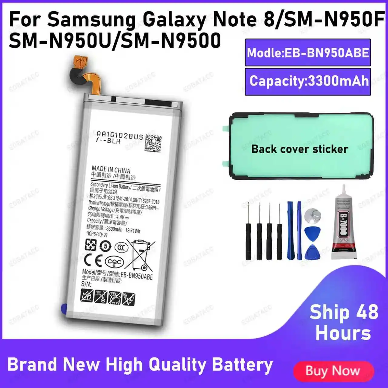 

100% New High Quality EB-BN950ABE Battery for Samsung Galaxy NOTE 8/SM-N950F/SM-N950U Batteries+Free Tools Back cover glue