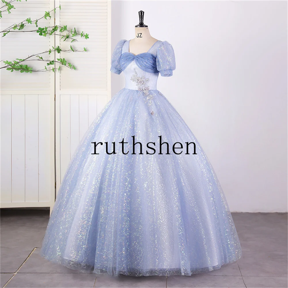 

Vestido De 15 Anos Quinceanera 2025 Gray Blue Prom Ball Gown Short Sleeves Pleated Birthday Party Dance Dress Customized