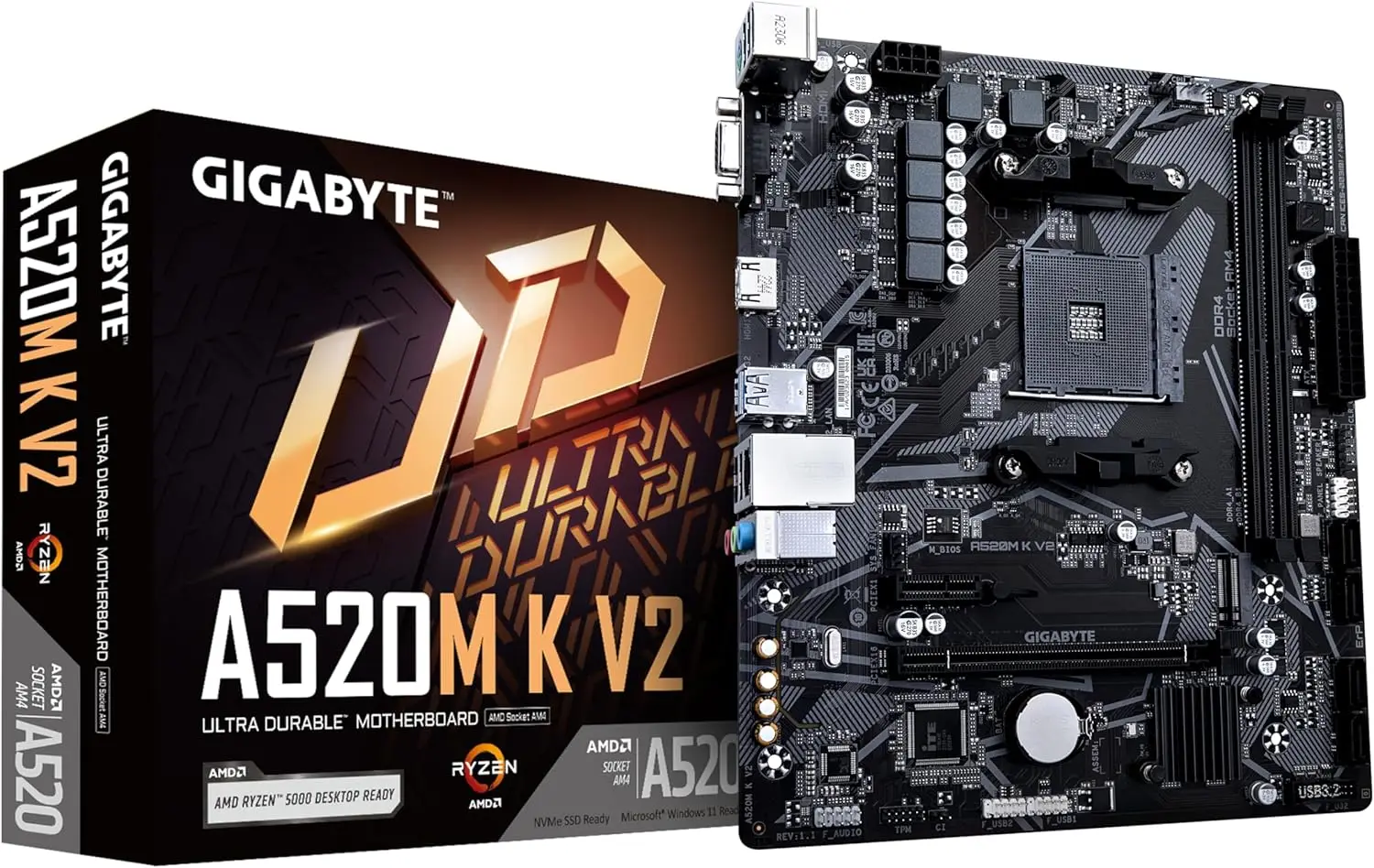 A520M K V2 Motherboard for AMD AM4, 2x DDR4 Slots, HDMI/D-Sub Ports, M.2 SSD Support, USB 3.2