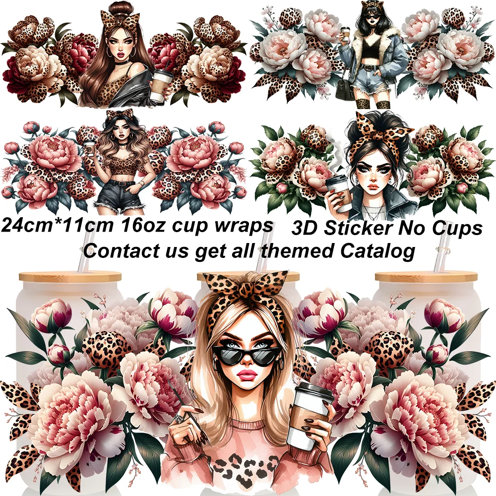 16oz Inked Beauty Women Leopard OOTD Cup Wraps DIY Labels 3D Self-adhesive Transfer Sticker UV DTF Cup Wraps Mixed Flower Design