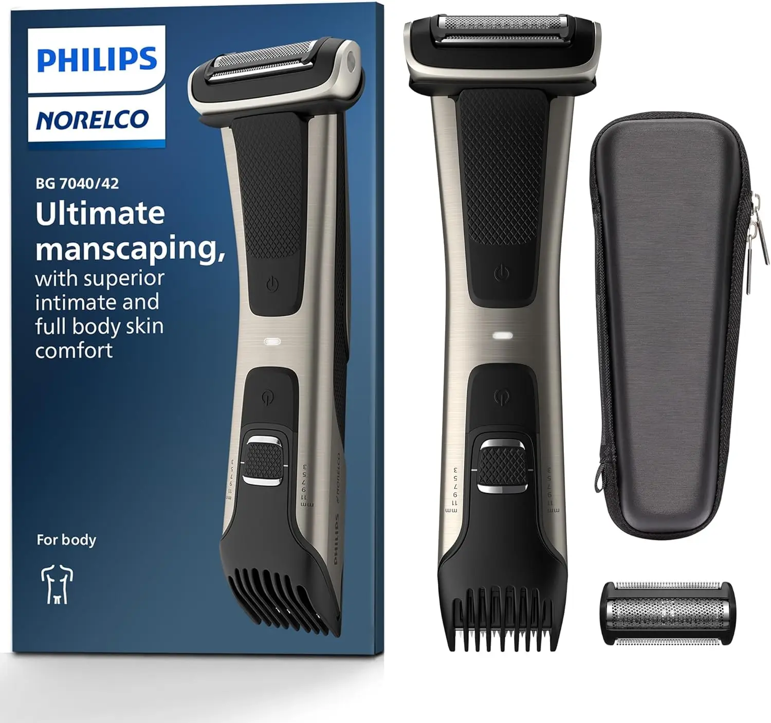 Norelco Bodygroom Series 7000 Showerproof Body & Manscaping Trimmer & Shaver with case and Replacement Head for Above an