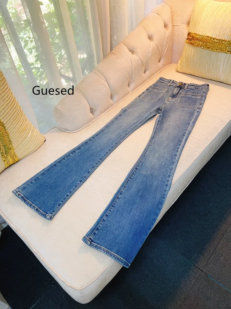 Guesed Stretch Cotton Long Jeans 2024 Autumn Vintage Flare Pants High Waist Blue Slim Elegant denim Pants New Arrival