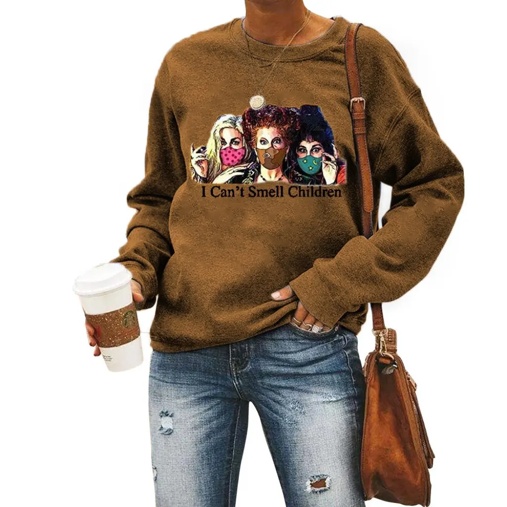 Sudadera de cuello redondo para mujer con estampado de tres brujas, diseño de hombro caído, camiseta de calle de moda