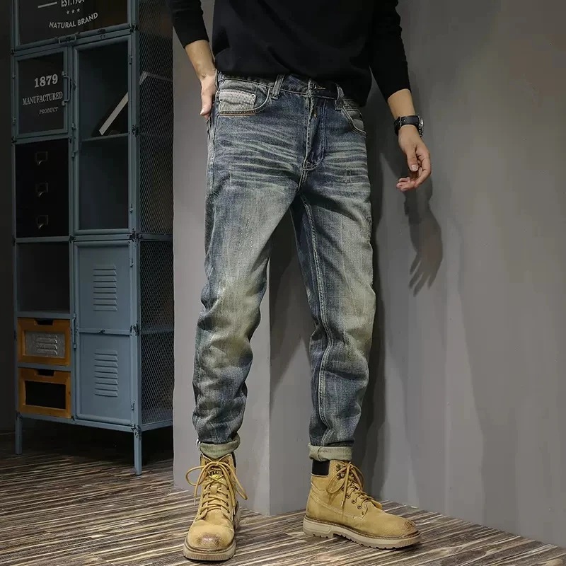 

Fashion Designer Men Jeans Retro Blue Washed Elastic Slim Fit Ripped Jeans Men Long Trousers Vintage Casual Denim Pants Hombre