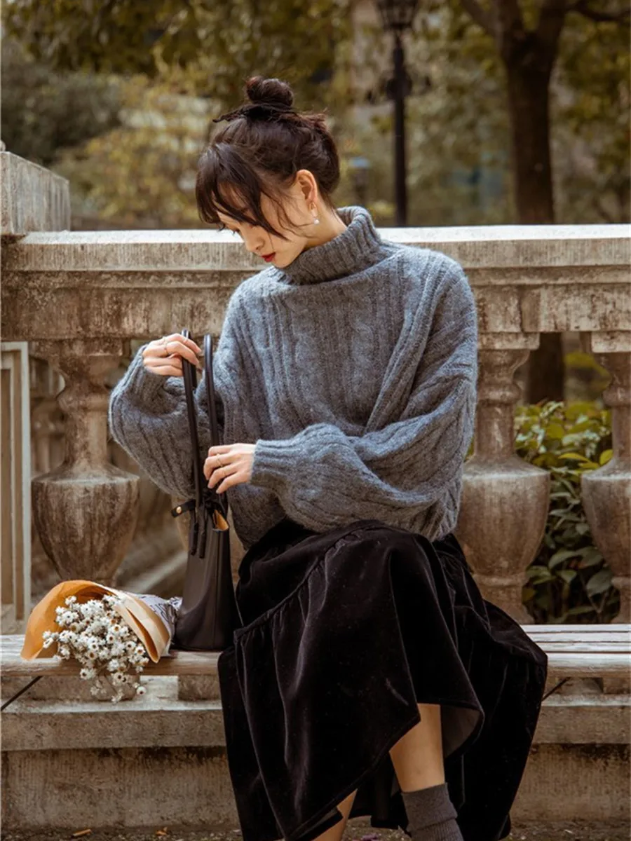 ay High Collar ort Sweater Damen Casual Loose Sle Herbst Winter Faion Chic Top Bequeme warme Thiened Long Sve