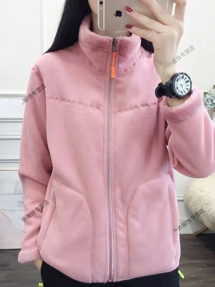 Autumn Winter Fleece Jacket Women Double-sided Wear Thickened Warm Zip Long Sleeve Double Sided Fleece Coat Pockets Outdoor Coat