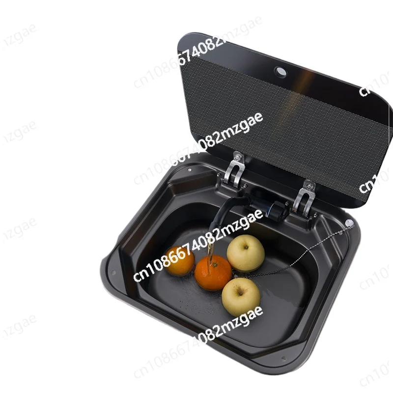 

RV with covered sink, black stainless steel wash basin, RV accessories