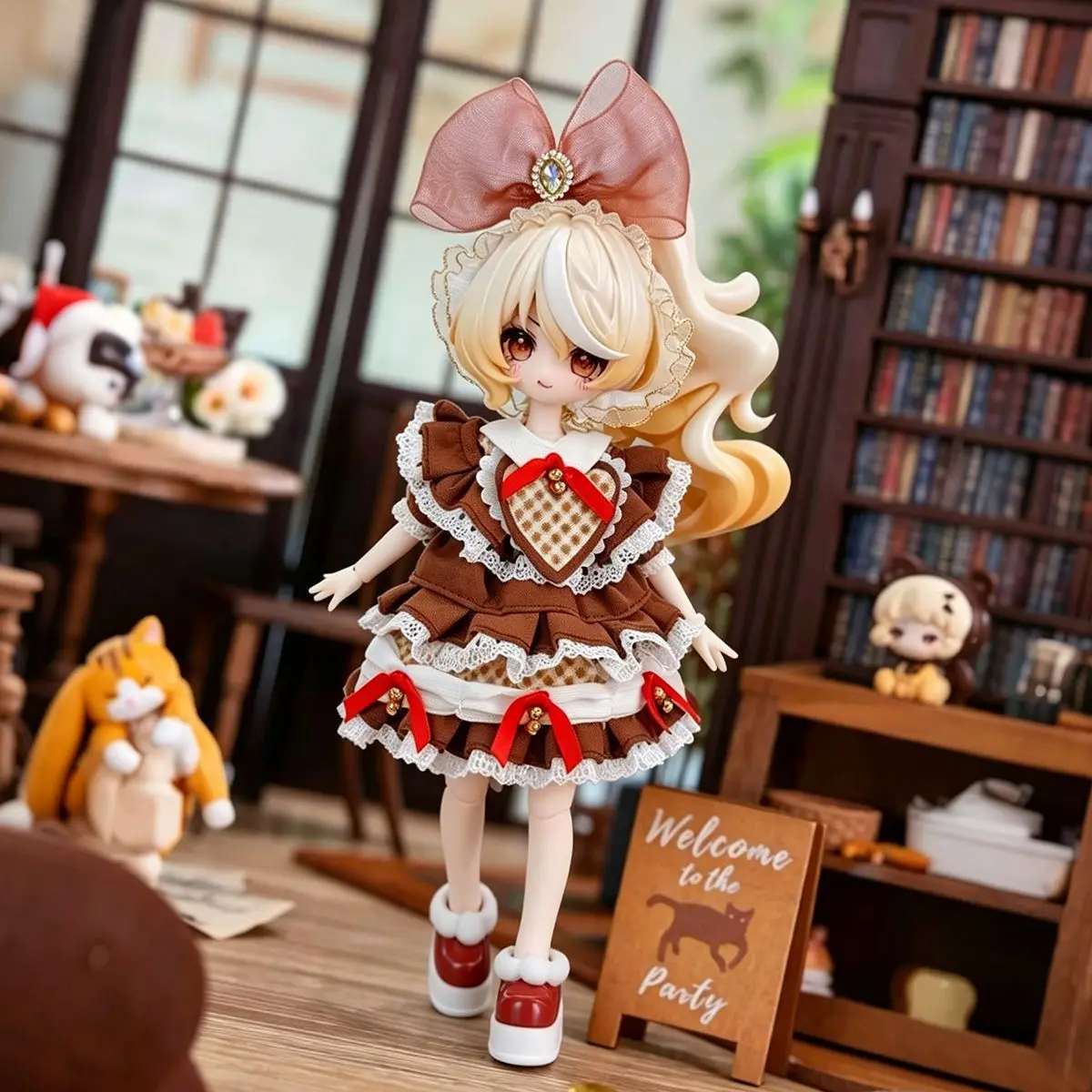 Lolita Dress 1/8 1/12 Scale Doll Clothes Multi-Layer Ruffle Lace Skirt Big Mesh Bow Fluffy Slippers Vintage Tea Party Outfit