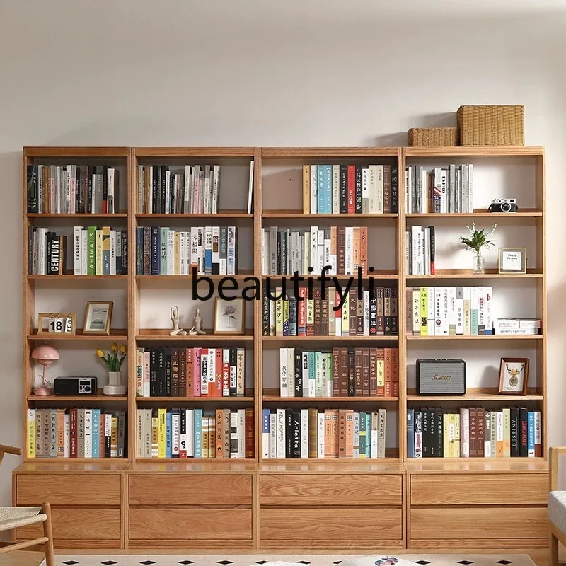 

Red oak all solid wood full wall combination bookcase with card seat floor, display cabinet
