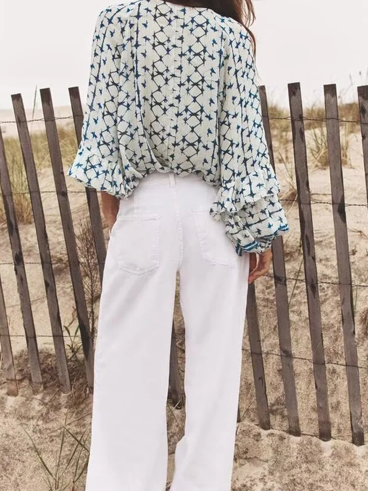 

European and American style summer new women's casual simple fashion leisure long-sleeved metallic line printed blouse