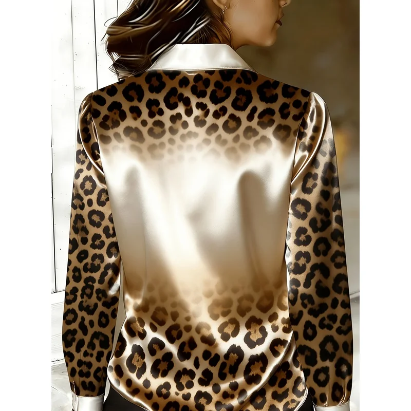 2026 New Women Satin Blouse Ombre Leopard Print Long Sleeve Lapel Shirt Luxury Silk Feel Office Daily Party Wear Tops