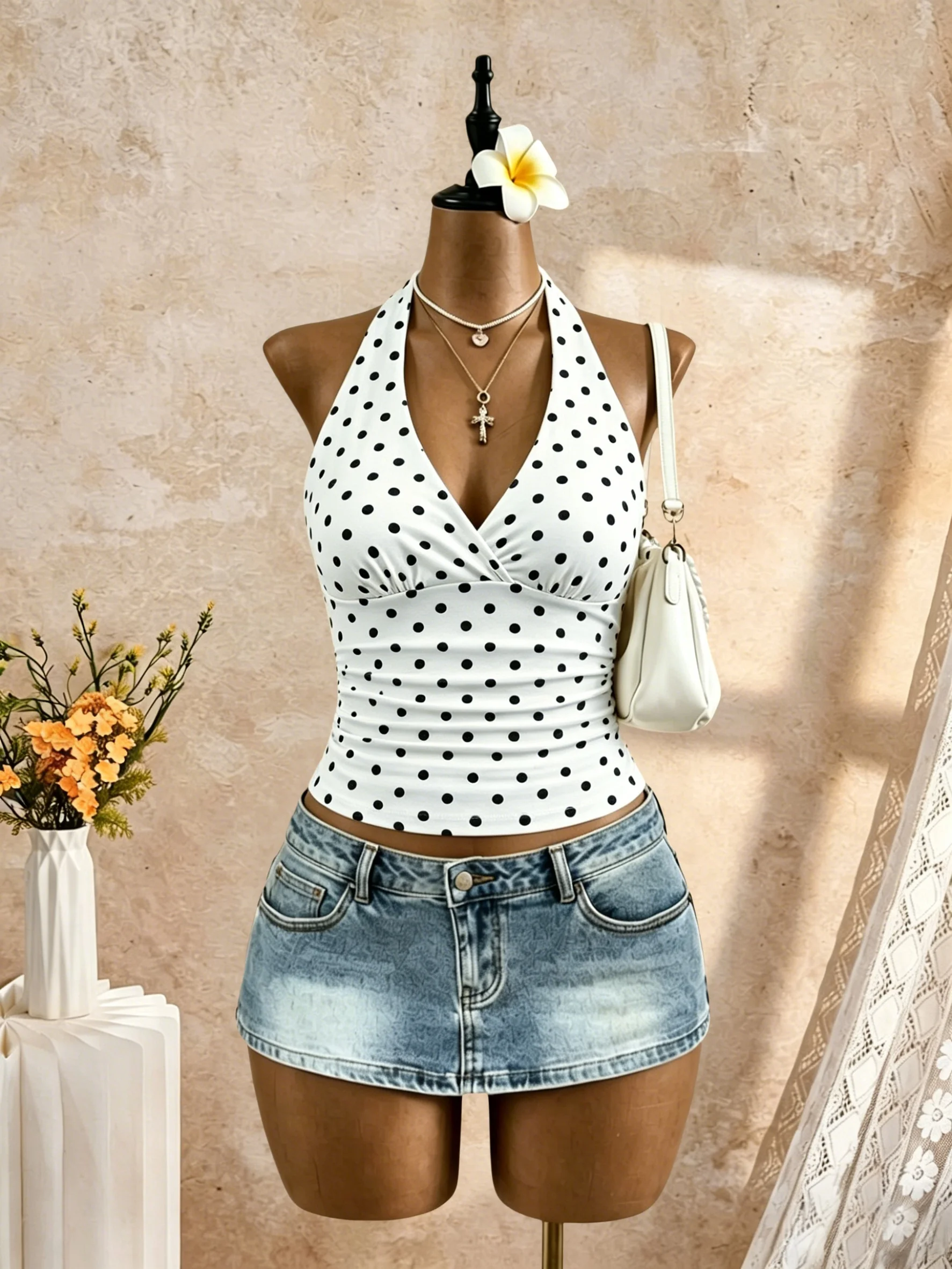 Damen Neckholder-Top mit tiefem V-Ausschnitt, Wickeloptik, seitlich geraffter Taille, ärmellos, kurz geschnitten, einfarbig weiß, schmal geschnitten, für Sommer, Strandurlaub, Freizeit – Detail 2