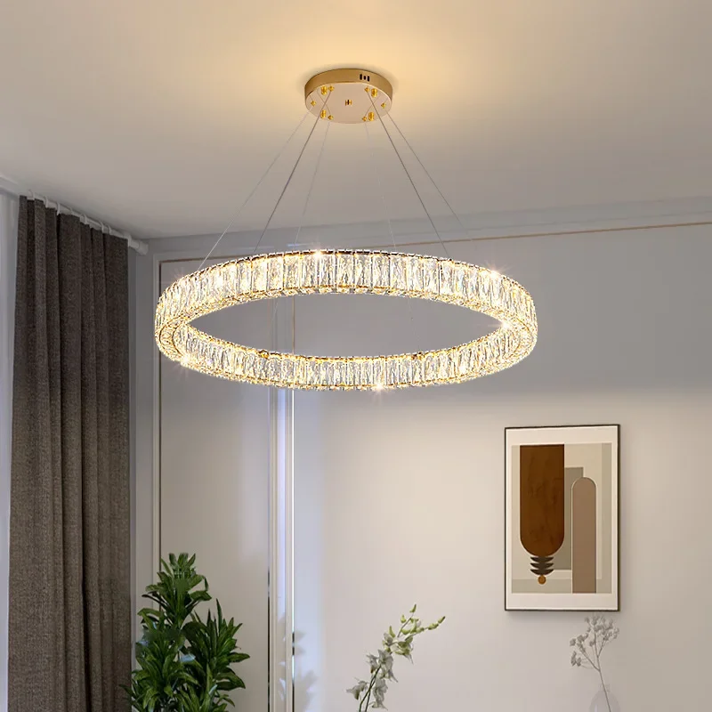 

Modern Hollow Circular Ring Diamond Crystal Pendant Lamp for Living Dining Table Room Bedroom Dimmable Line Lusters Luminaires