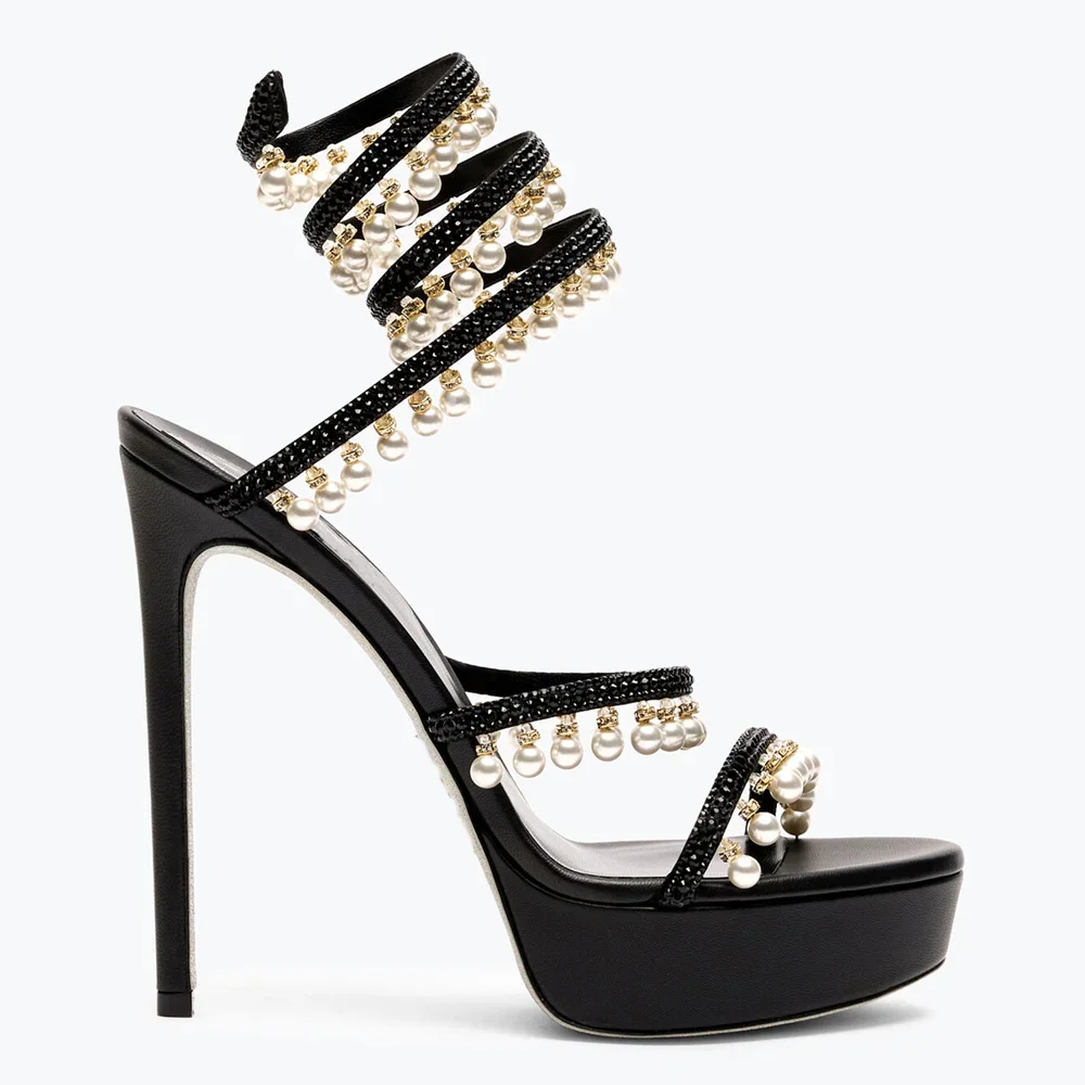 

Pearl Platform Snake Twine Runway Sandals Sexy Pointed Toe Thin Heel Customized Accept New Arrivals Fashion Women Runway Shoes