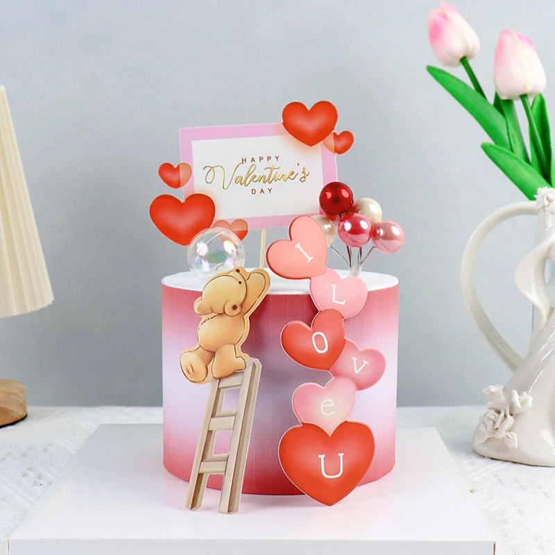 Heart Bear Cake Topper Toppers Flag I Love You Happy Valentine\'s Day Anniversary Baking Cake Dessert DIY Decor Party Supplies