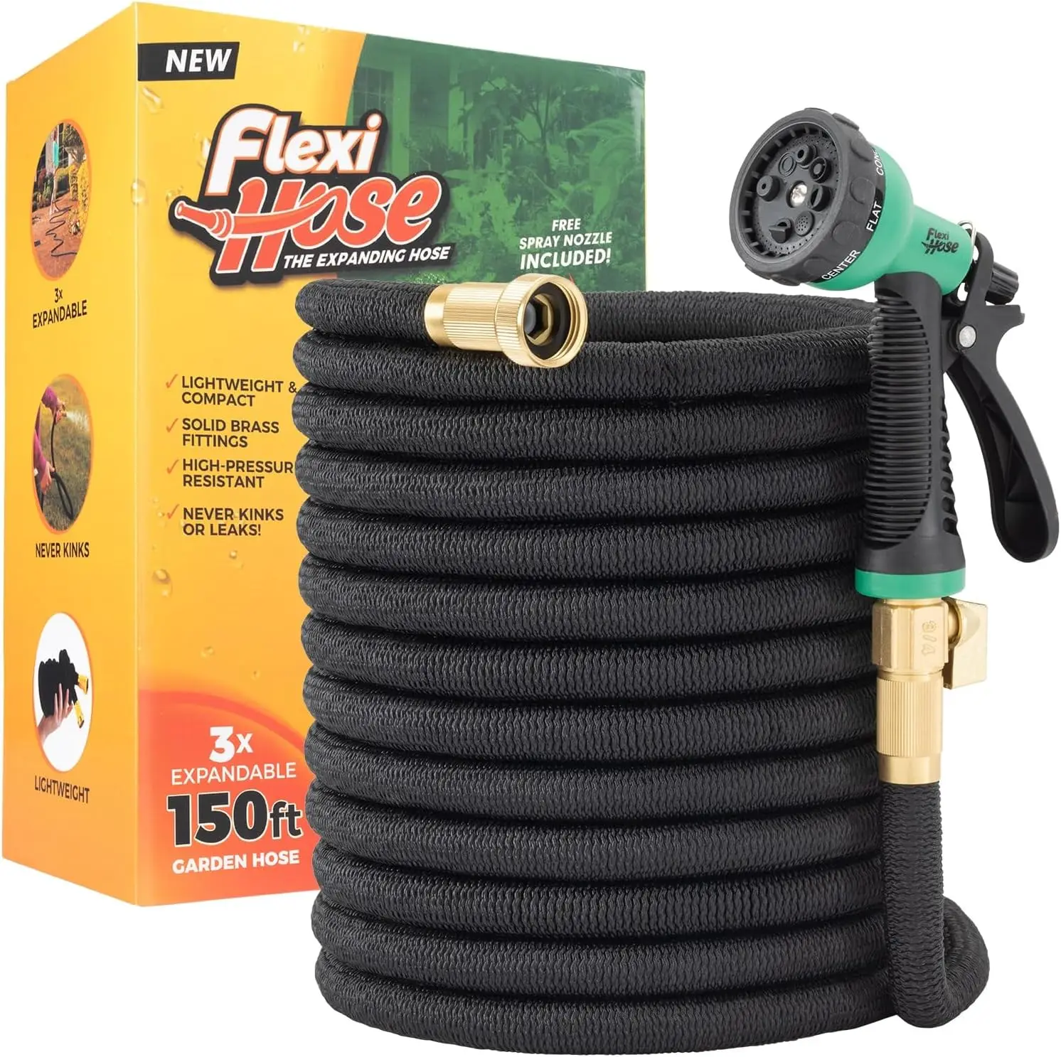 

8 Function Nozzle, 150FT - Lightweight Expandable Garden Hose, No-Kink Flexibility, 3/4 Inch Solid Brass Fittings