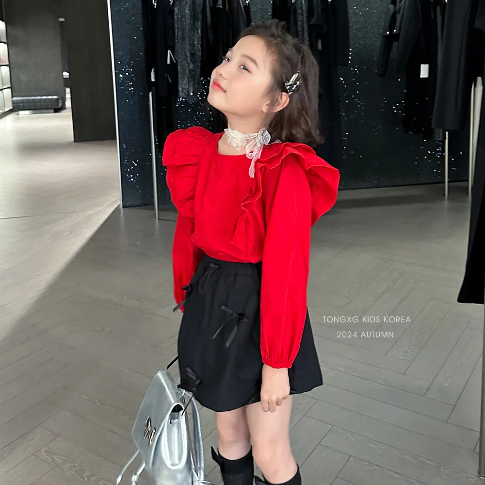 Girls Shirt 2024 Autumn New Childrens Clothing Korean Baby Girl Foreign Red Ruffled Princess Style Design Shirt Casual Simple