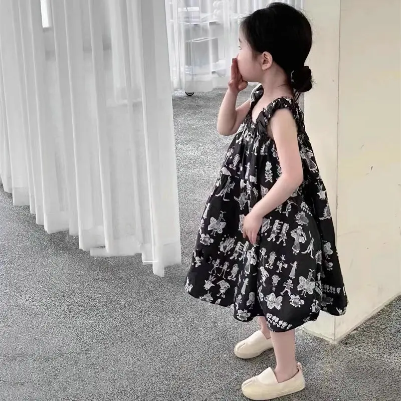 Girls Black Skirt Cartoon Print Dress Slip Skirt 2024 Summer New Style Fashion Simple Casual Skirt European Fashion Style