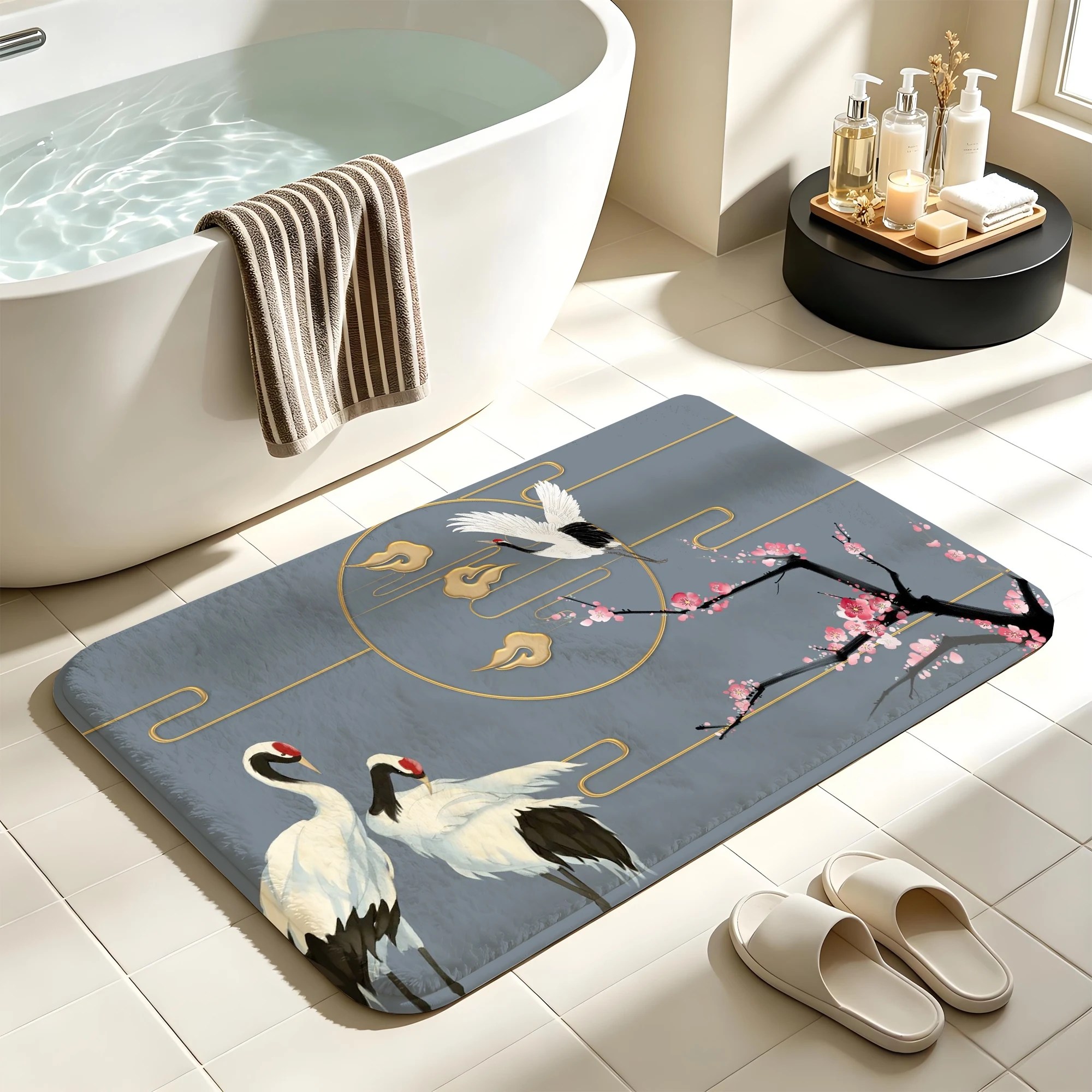 Chinese Style Bath Mat Crane Plum Blossom Non-Slip Water Absorbent Bathroom Rug Soft Floor Carpet for Bathtub Shower