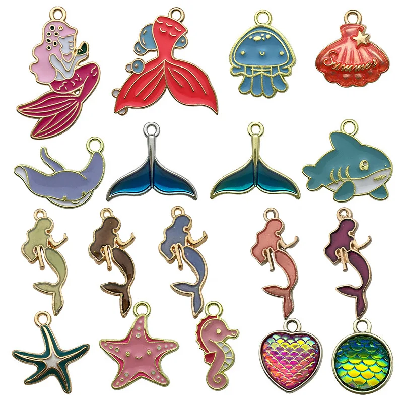 

WZNB 2pcs Enamel Alloy Ocean Shark Starfish Mermaid Dolphin Charms Pendant for Jewelry Making Necklace Jewelry Accessories
