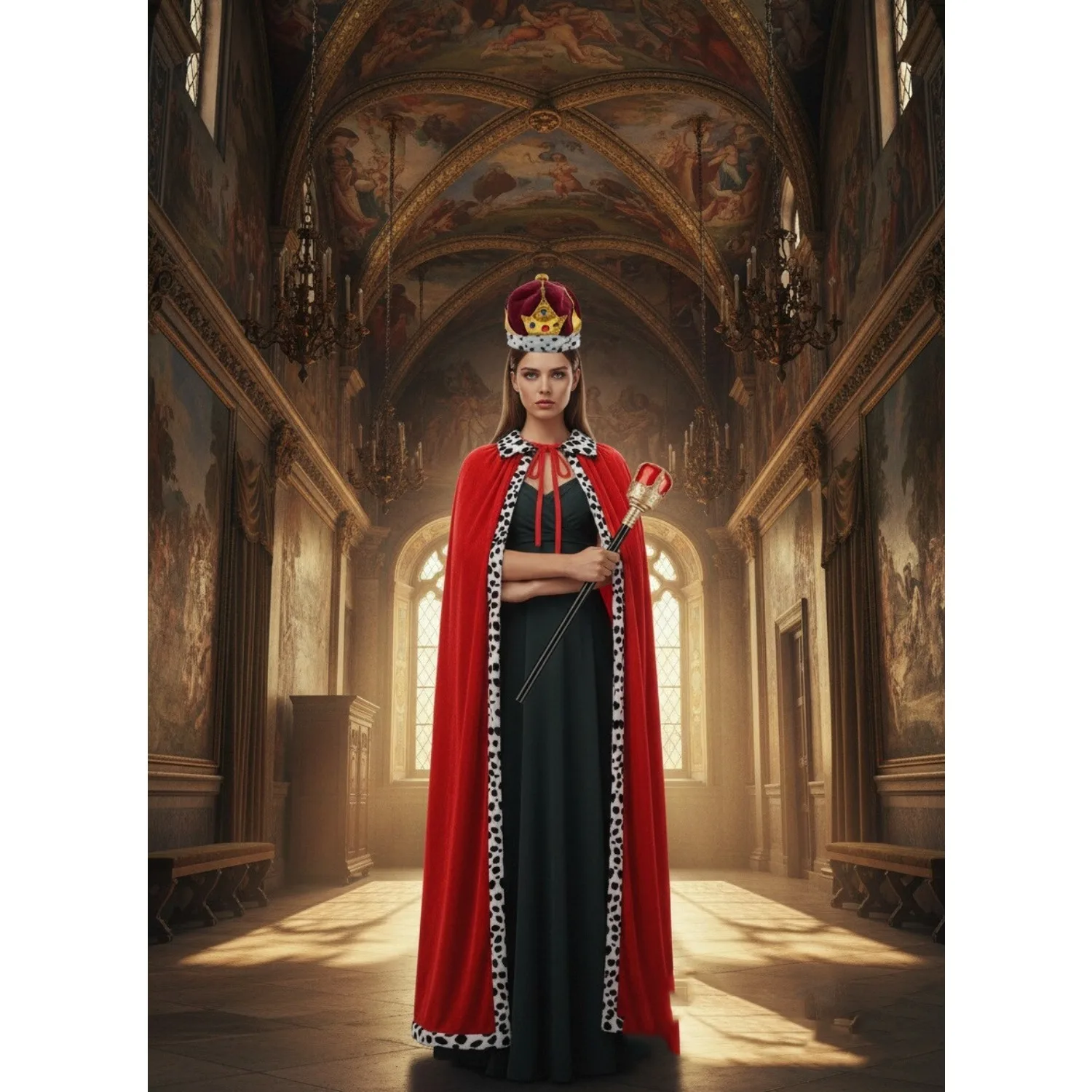 3PCS King Dress Up Set: Red Cloak, Crown, and Scepter, Suitable for King Dress Up Parties