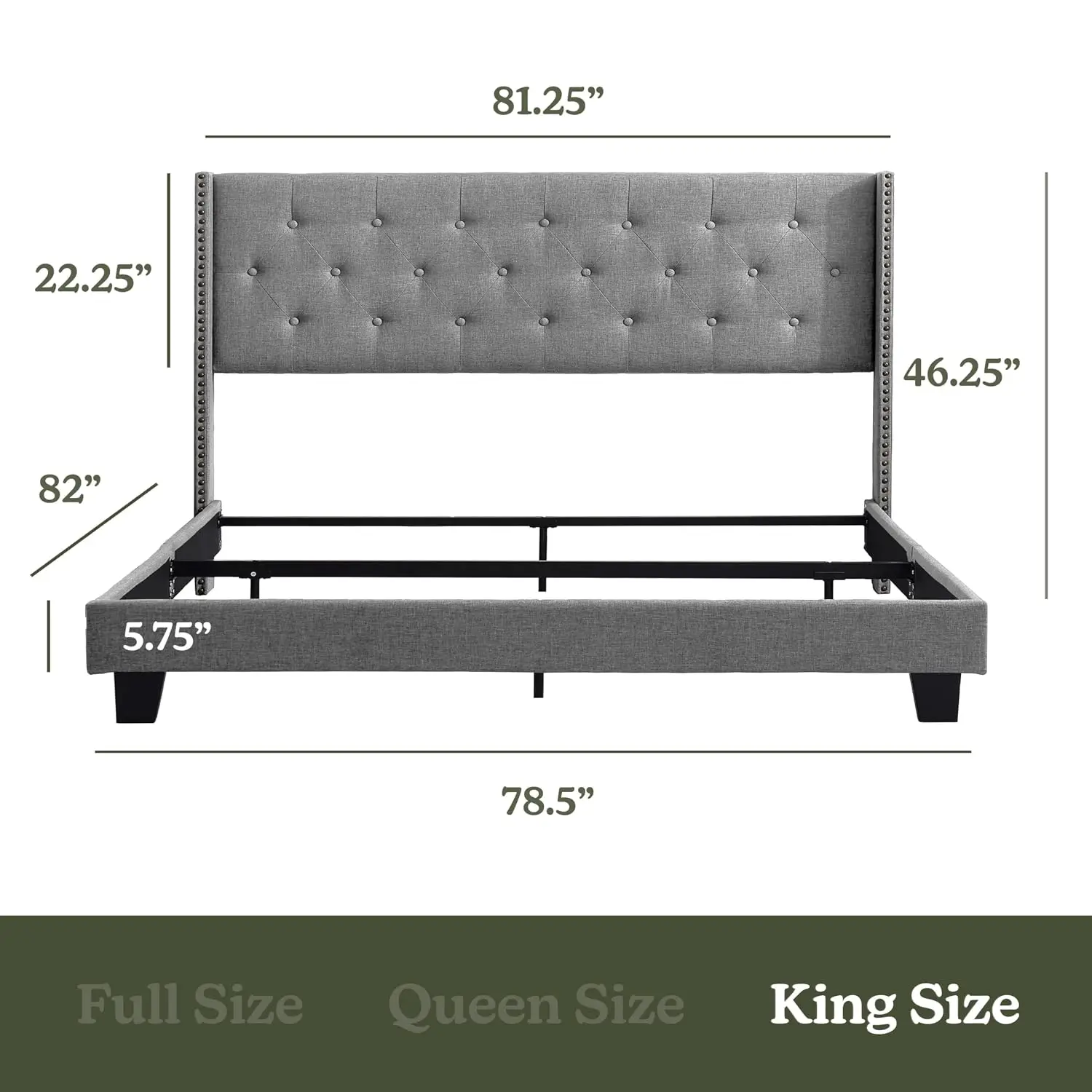 Linen Button-Tufted Wingback King Bed Frame, Platform Base, Modern Bedroom, Box Spring Required, Silver, Customized