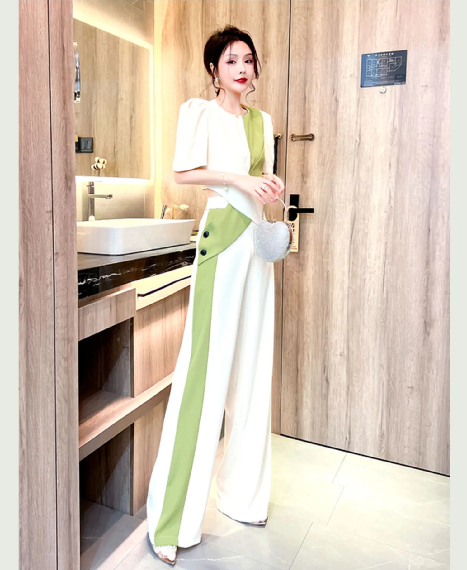 Women 2024 Summer Fashion Splice 2-Piece Set Female Asymmetric Contrast Color Business Suit Two-piece Temperament Wide Leg Pants