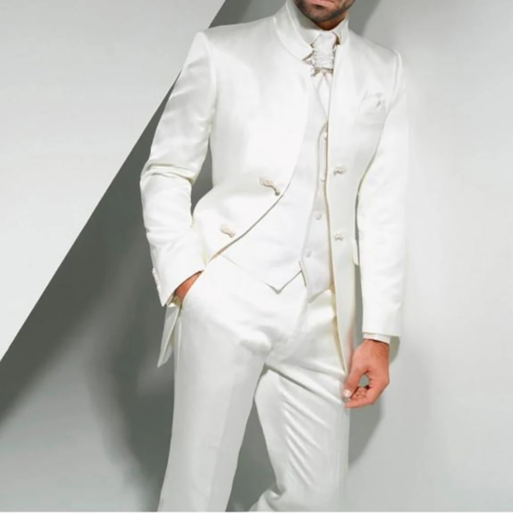 

2023 New Arrival Groom Tuxedos Mandarin Lapel Men's Suit White Groomsman/Best Man Wedding/Prom Suits(Jacket+Pants+Tie+Vest)