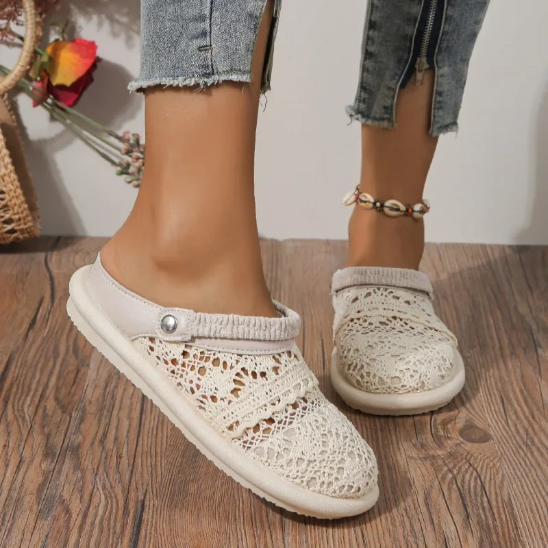 2024 Summer New Two Wear Baotou Sandals with Lace Breathable Soft Sole, Casual and Versatile Hollow Flat Shoes for Women