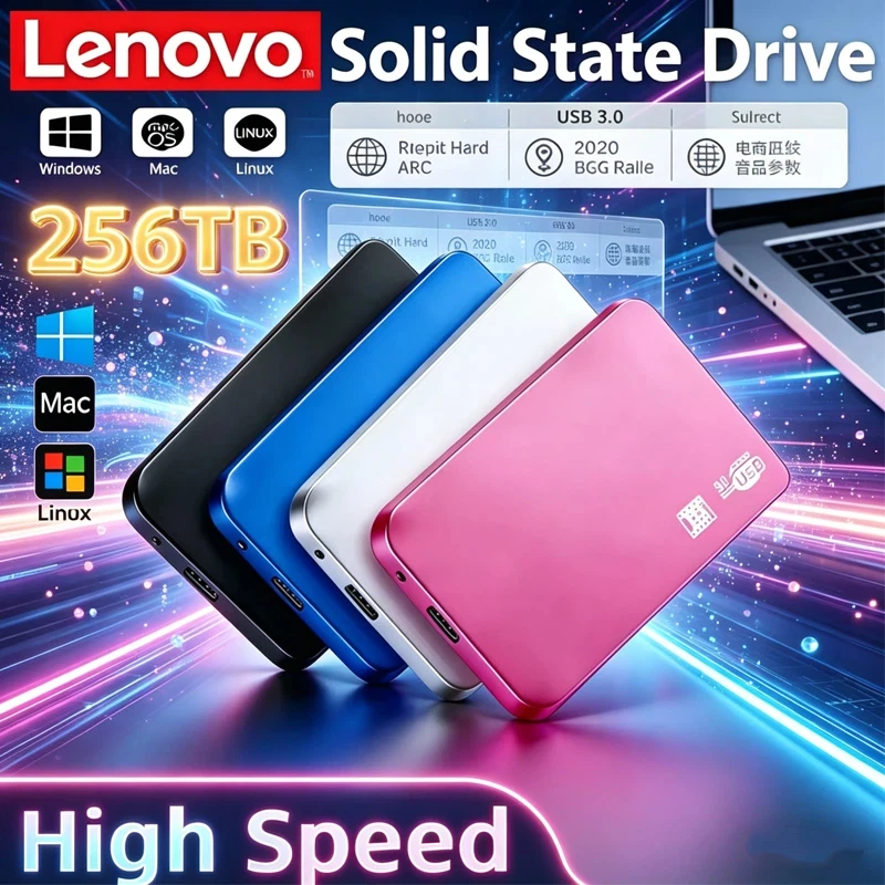 

Lenovo SSD 256TB High-speed SSD Enclosure Mobile Hard Drive Cases for SSD External Storage HDD Box With USB 3.0 Cable ABS