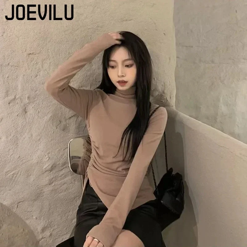 JOEVILU Shirring Irregular Tops Turtleneck Thin Velvet Bottom Shirt Niche Thermal T-shirt Female Korean Slim Aesthetic T-shirt