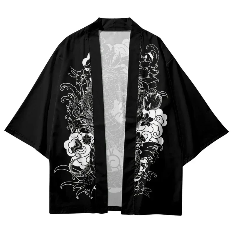 Anime Dragon Print Loose Cardigan For Men And Women Japanese Streetwear Harajuku Haori Kimono Cosplay Shirts Beach Yukata Tops