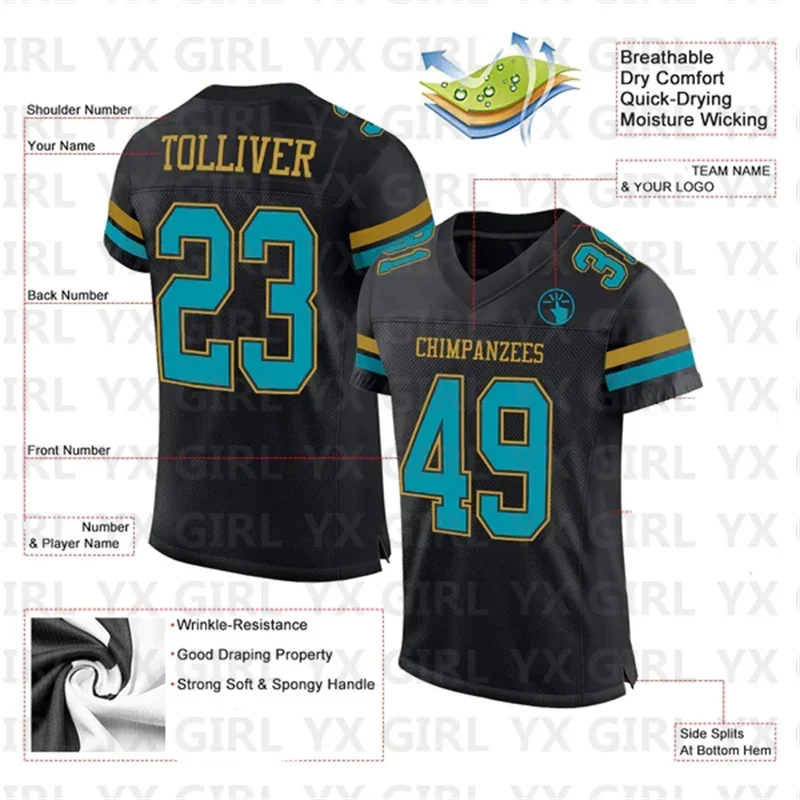 Personalizado Autêntico V-Neck Futebol Jersey, Black Teal, Old Gold Mesh, Nome da equipe e Número, T-shirt personalizado